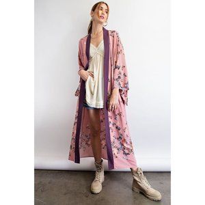 Easel Mauve Butterfly Print Longline Billowy Sleeves Open Front Maxi Kimono